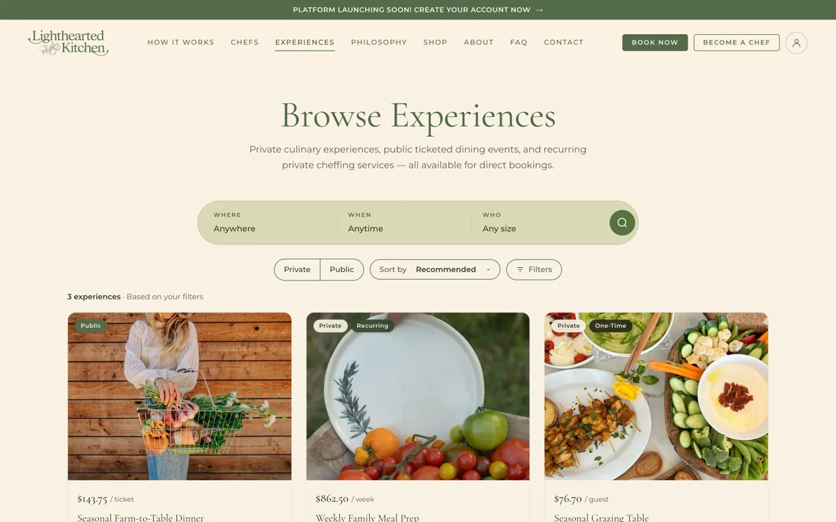 Lighthearted Kitchen Browse Experiences page showing three listing cards and search filters