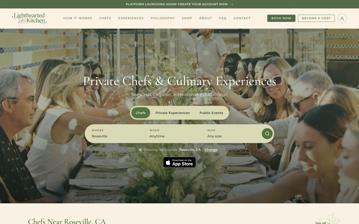 Lighthearted Kitchen homepage on a desktop browser with the search bar for chefs, experiences, and events