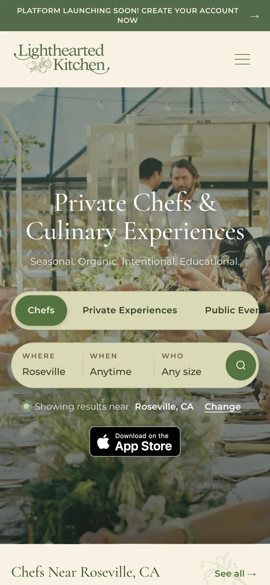 Lighthearted Kitchen homepage on a phone-sized screen with the search bar and App Store badge