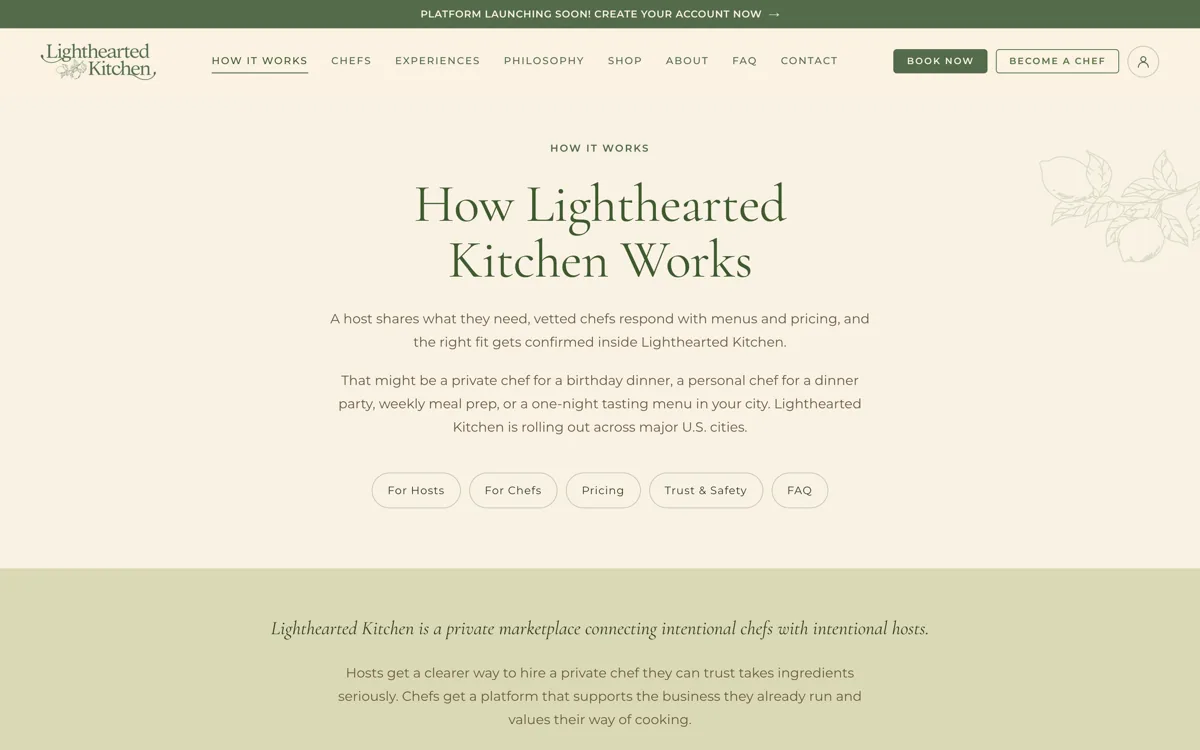 Lighthearted Kitchen How It Works page on a desktop browser
